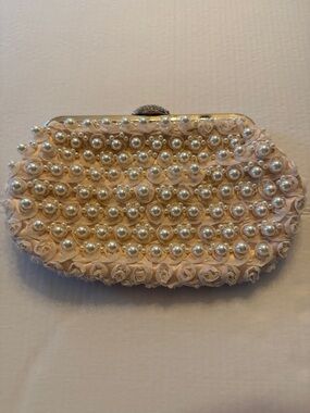 Nina Pearl-Embellished light pink Lace Clutch with faux pearls.